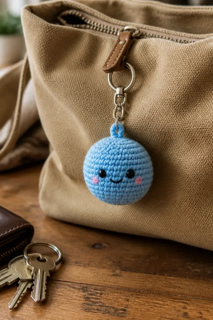 A small crochet keychain charm with a simple rounded shape and loop