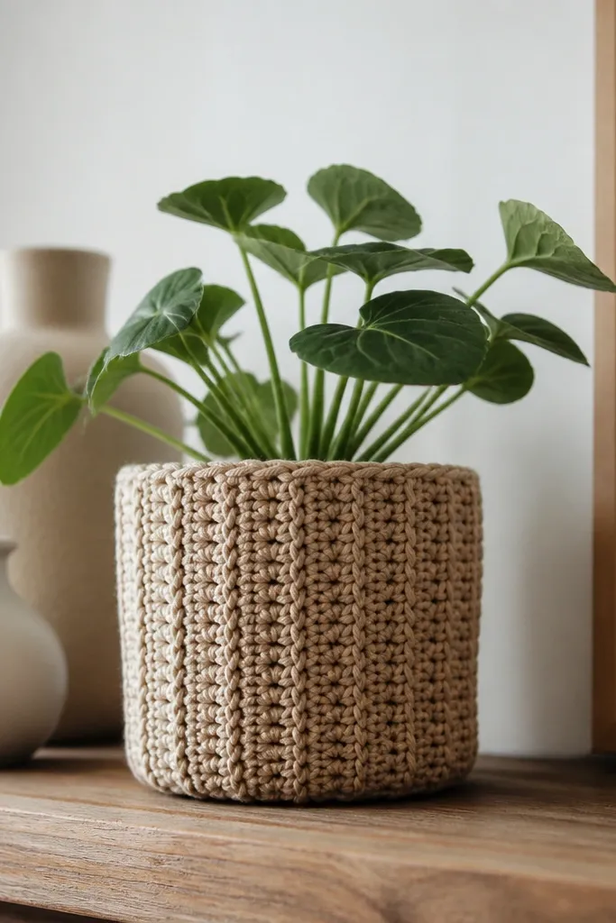 A crochet plant pot cover in beige with vertical ridges and a neat top edge