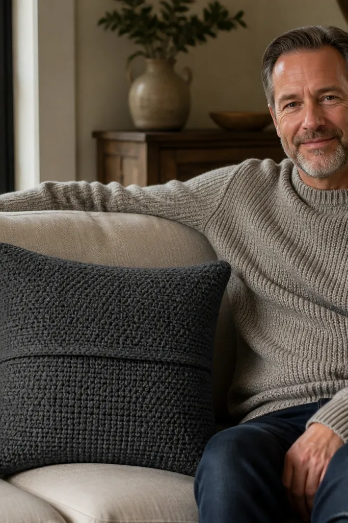 A square crochet pillow cover in gray with a fold-over flap closure
