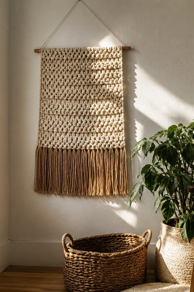 A small wall hanging with a textured center panel and loop fringe at the bottom