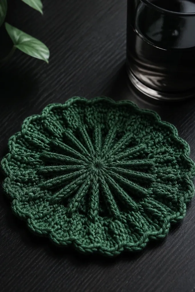 A single crochet coaster with starburst points in a bright contrasting yarn