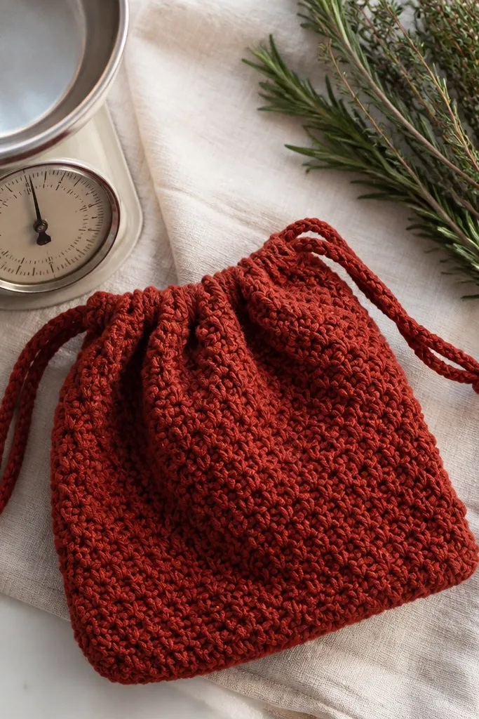 A small crochet pouch with a drawstring and a clean textured body