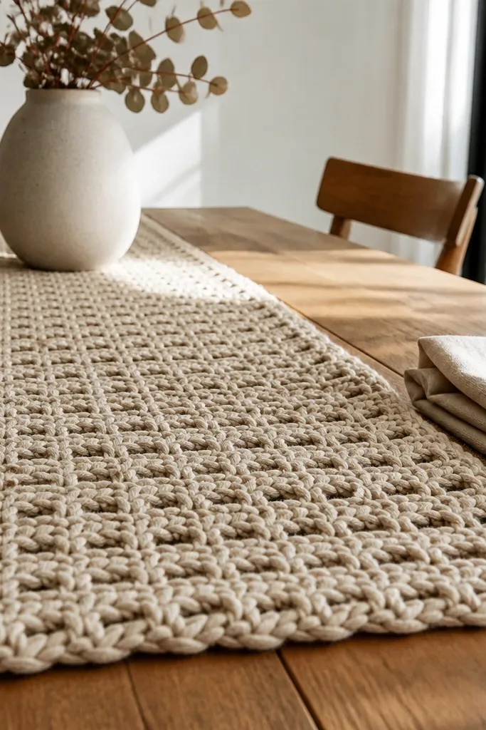 A long chunky crochet runner with bold texture and straight edges