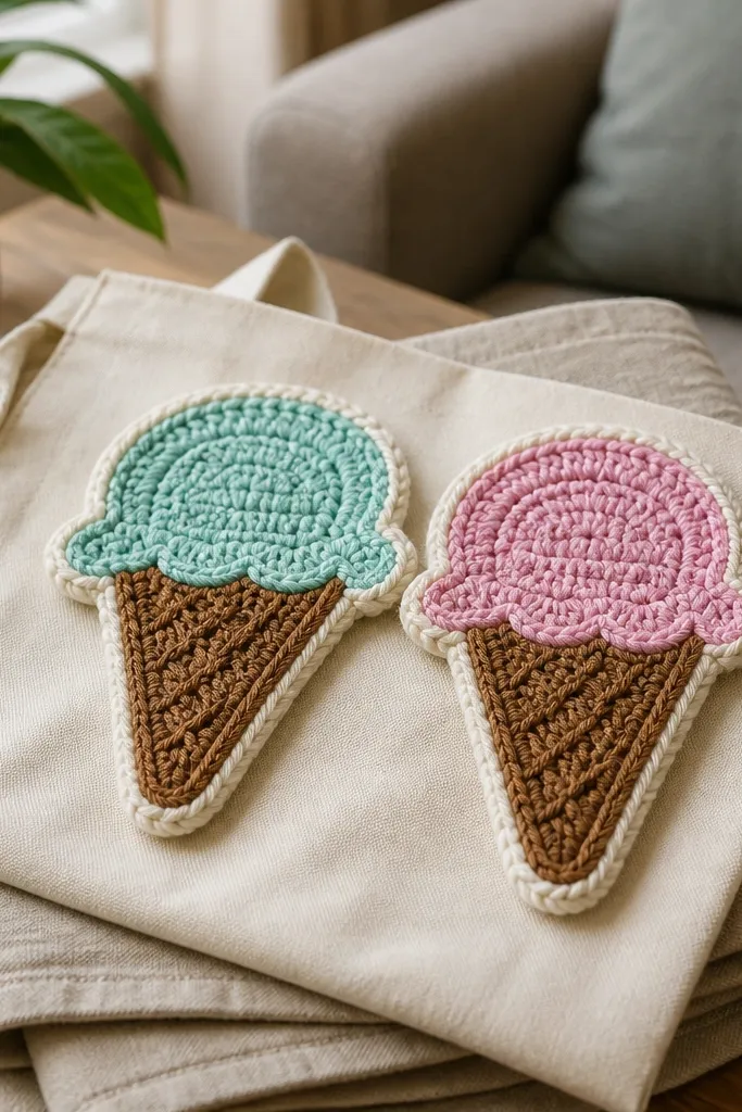 Two small crochet ice cream cone appliques in pastel colors with stitched details