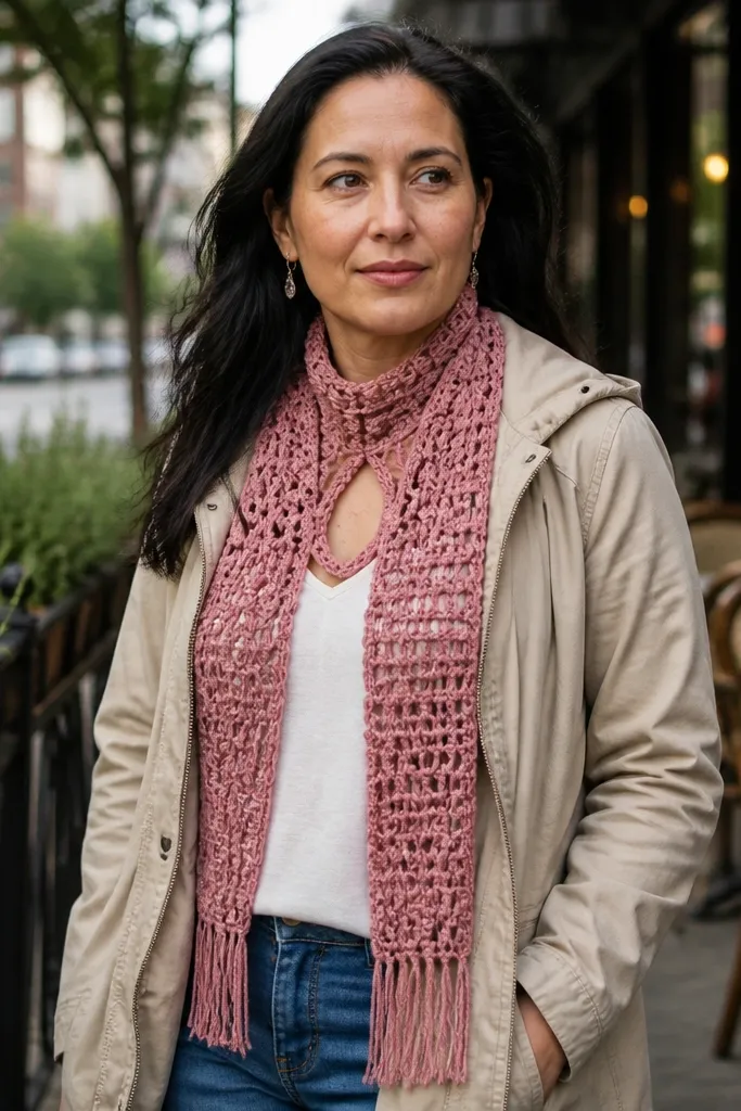 A light scarf with a keyhole opening and soft fringe