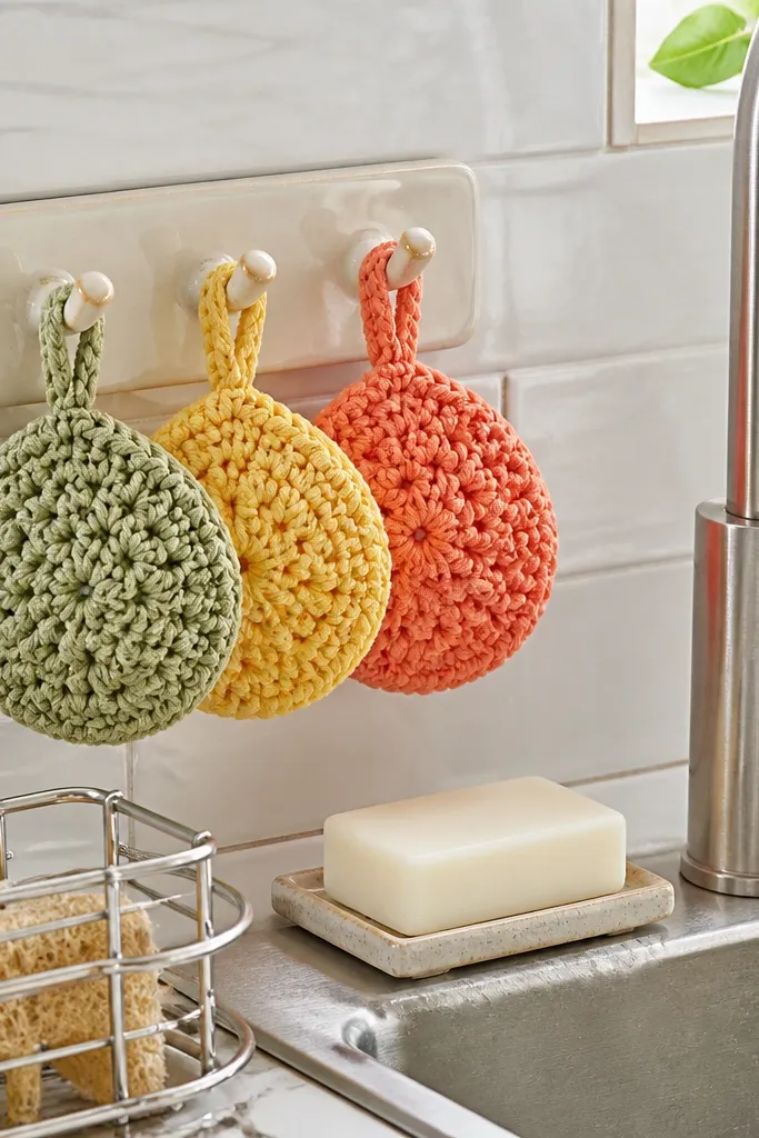 Two crochet dish scrubbers with bright color stripes and a loop for hanging