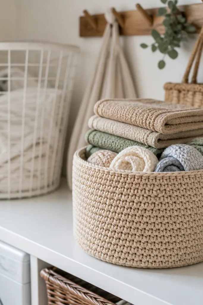 A small crochet storage basket with a stiff base and tidy woven texture