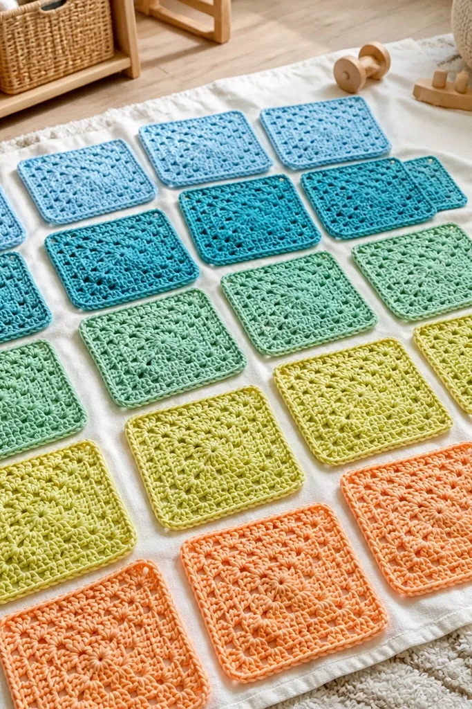 A row of ombre crochet squares with smooth gradients and neat borders