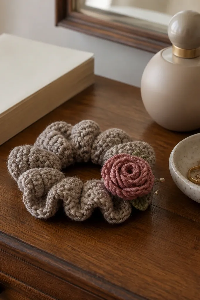 A crochet scrunchie with a textured band and a small rose applique