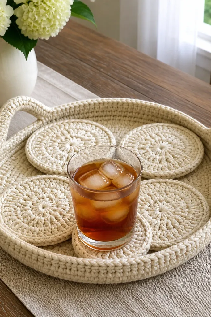 A crochet tray with two small side handles holding multiple coasters