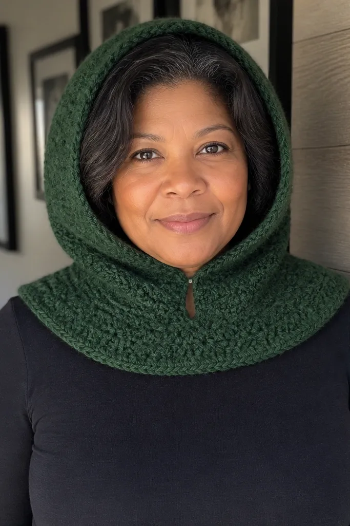 A hooded crochet cowl in oatmeal with a simple opening at the neck