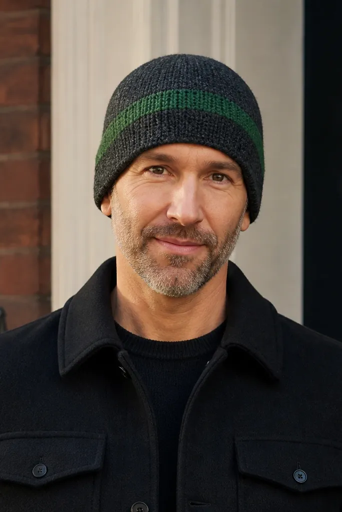 Charcoal beanie with a single forest-green stripe