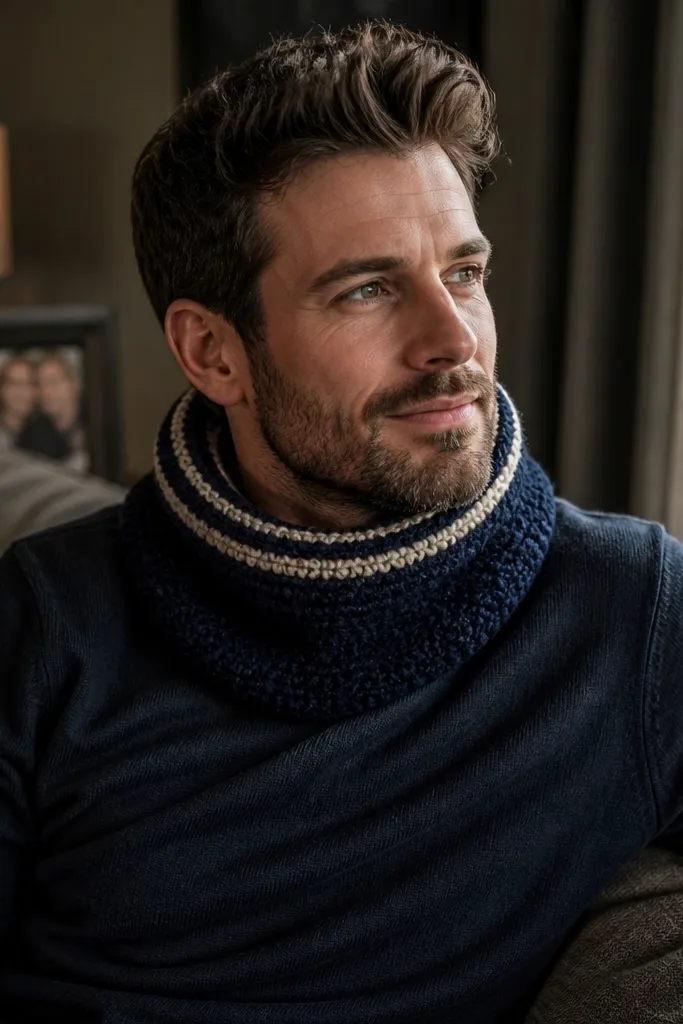 Navy cowl with two thin cream stripes near the top