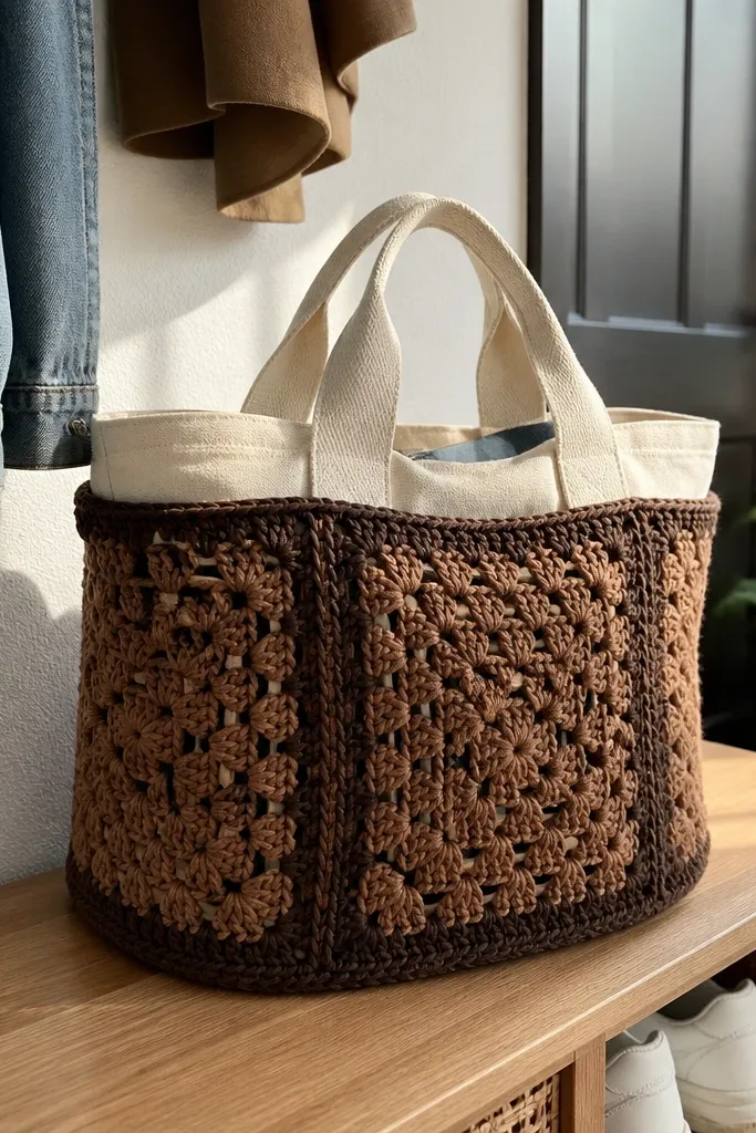 Brown tote cover made of thick granny squares with clean edges