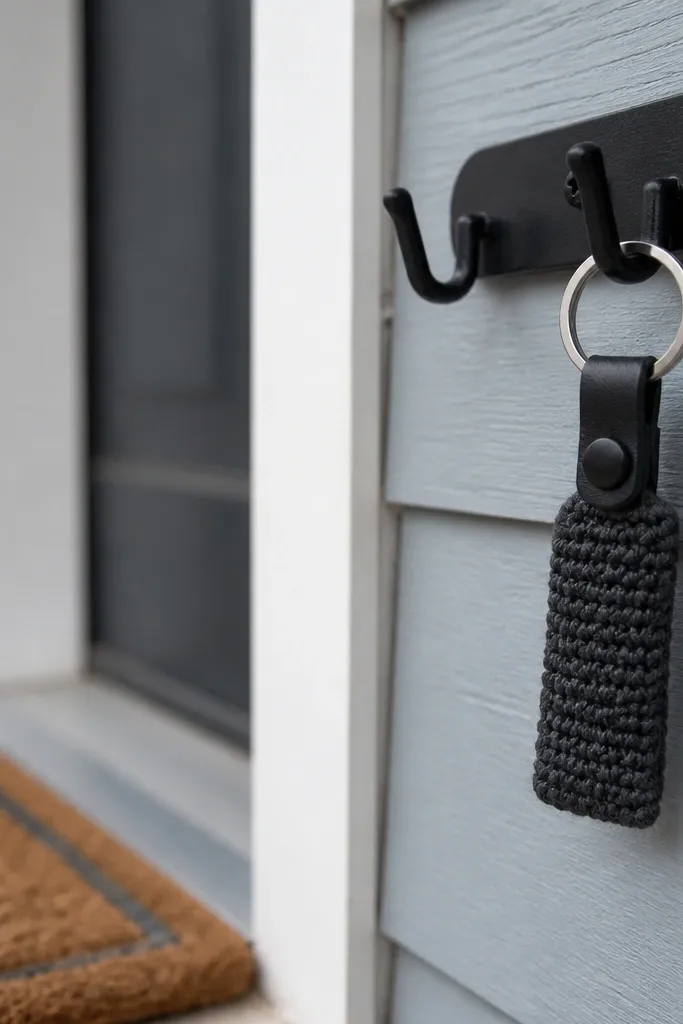 Black crochet key fob with a small brown leather loop