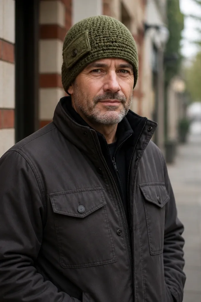 Olive beanie with a small side pocket flap