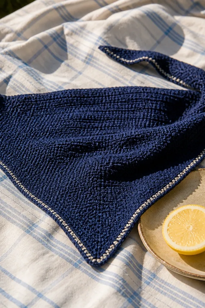 Navy crochet bandana with clean triangle points and solid color blocks