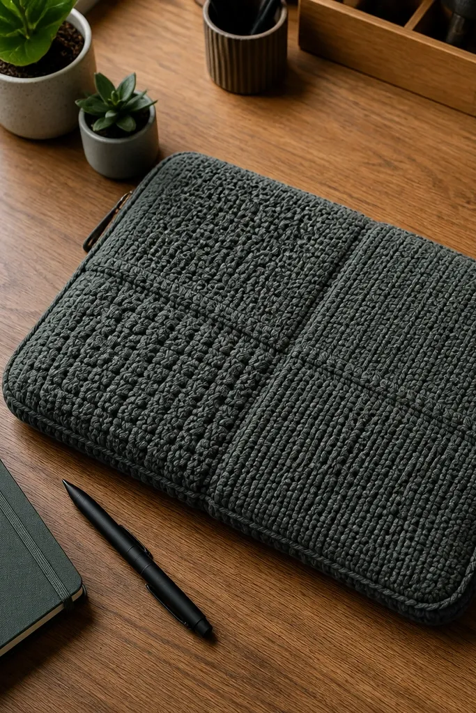 Gray crochet laptop sleeve with raised quilt-like texture panels