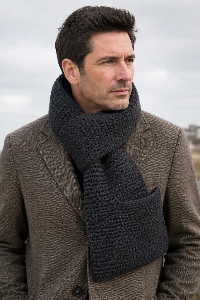 Charcoal scarf with a small front pocket and hidden tie ends
