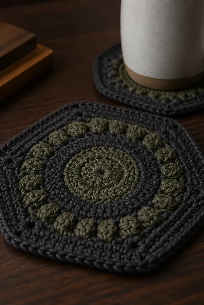 Set of dark coasters with geometric crochet rings and neat edges