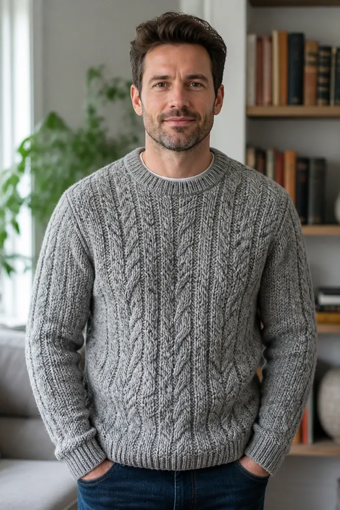 Heather gray crochet crewneck with raised cable texture panels
