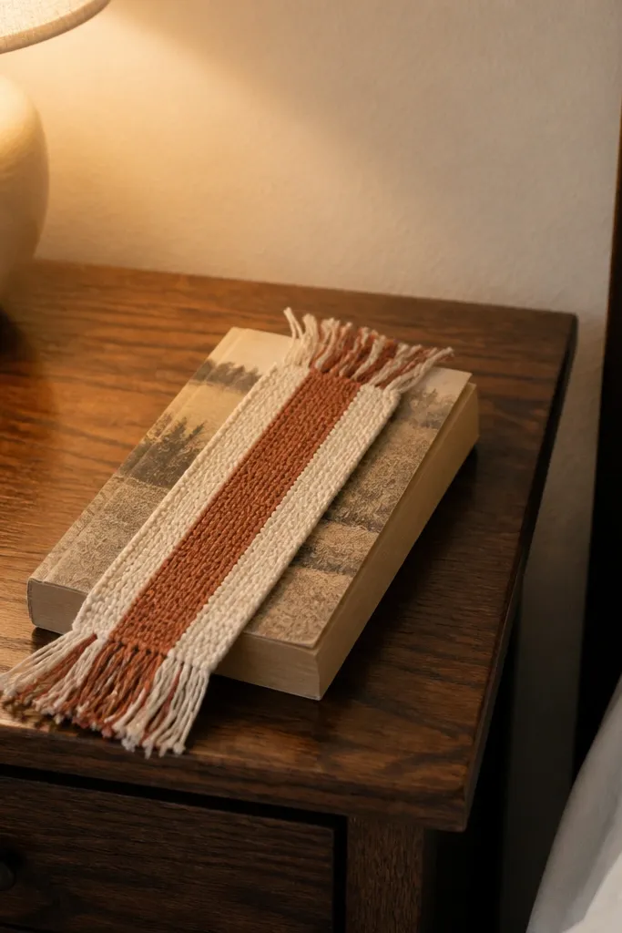 Cream crochet bookmark with a cinnamon top stripe and short fringe ends