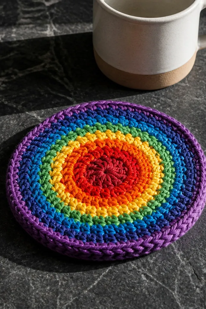 Small round crochet coaster with rainbow bands in red, yellow, green, and blue