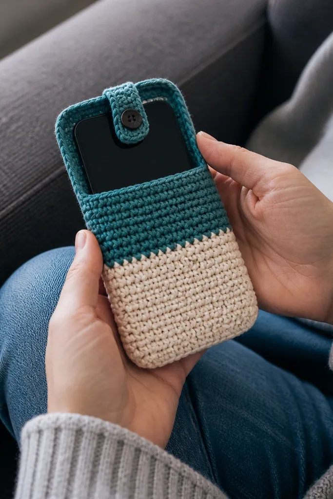 Two-tone crochet phone cozy in navy and cream with a small button tab