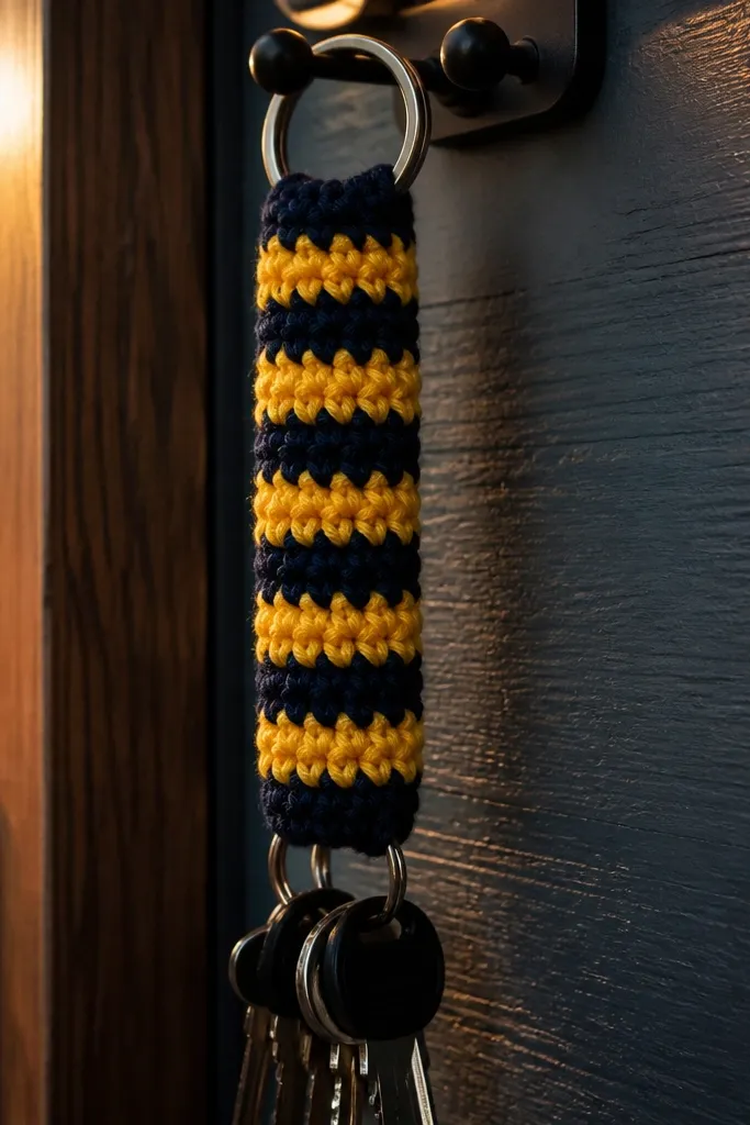 Crochet keychain with solid granny-style stripes in teal and gold