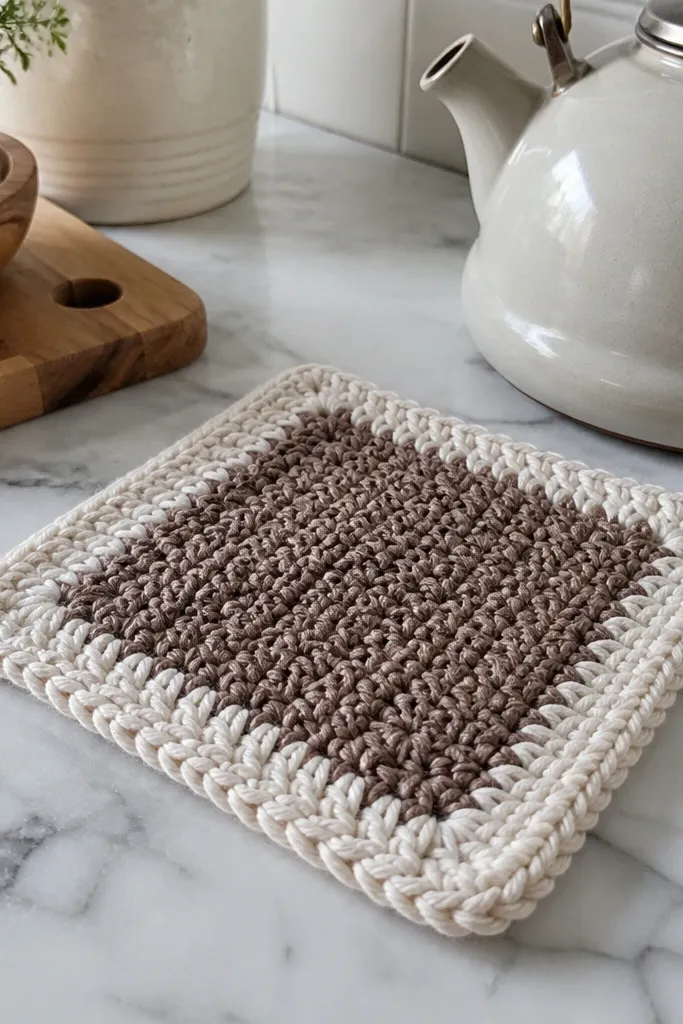 Square crochet hot pad with thick center and clean single crochet border