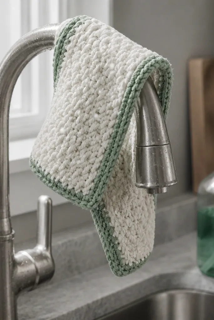Small crochet washcloth with textured double crochet center and contrasting border