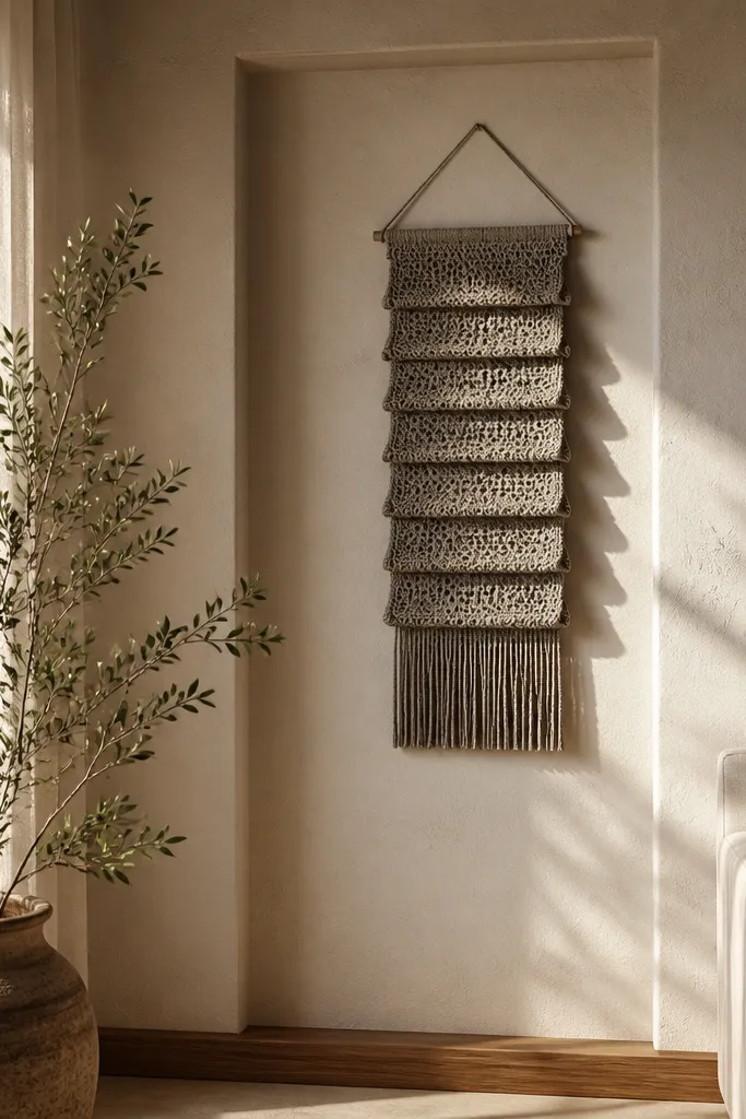 Small wall hanging made of crocheted strips with a fringe bottom