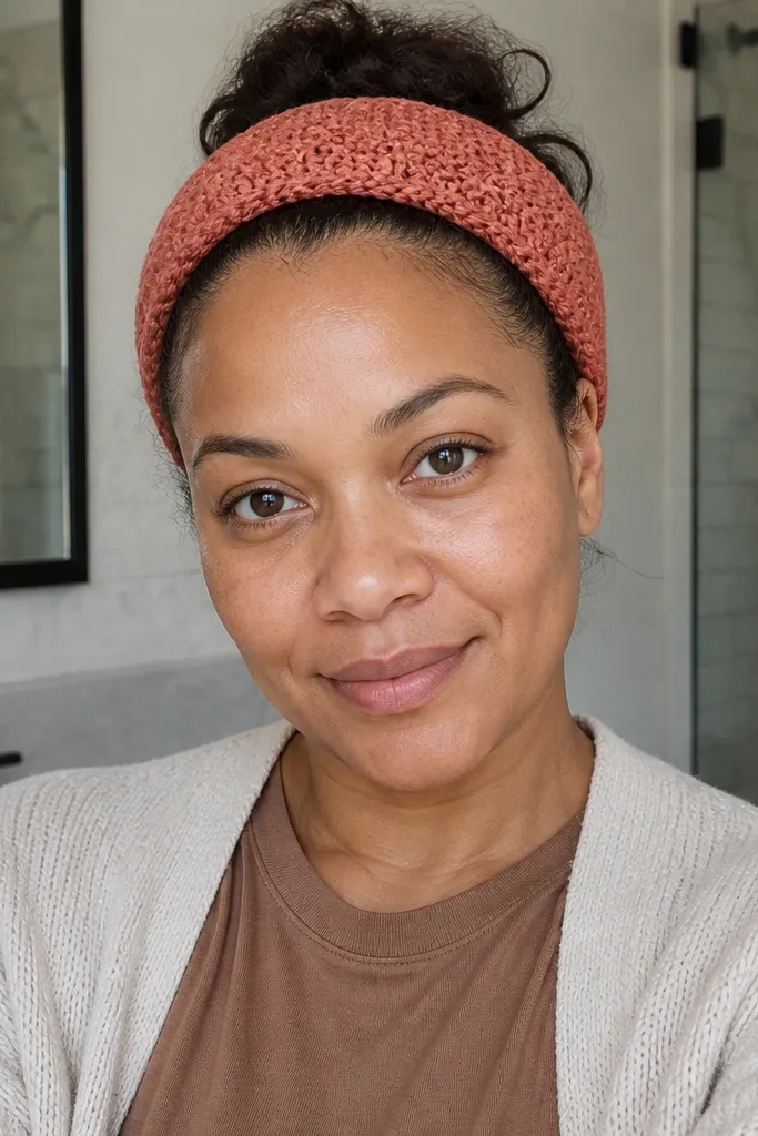 Crochet headband with a tight rib pattern in warm beige