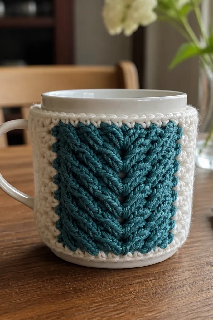 Crochet mug cozy with a V-stitch front panel in teal and cream