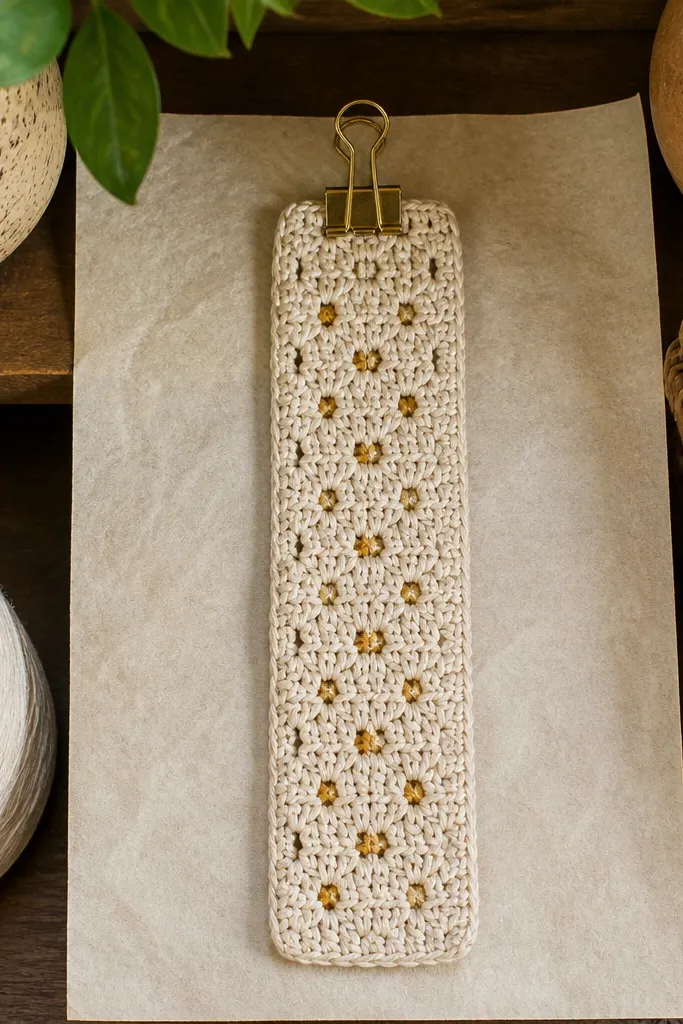 Crochet strap-like swatch with openwork pattern in sand color