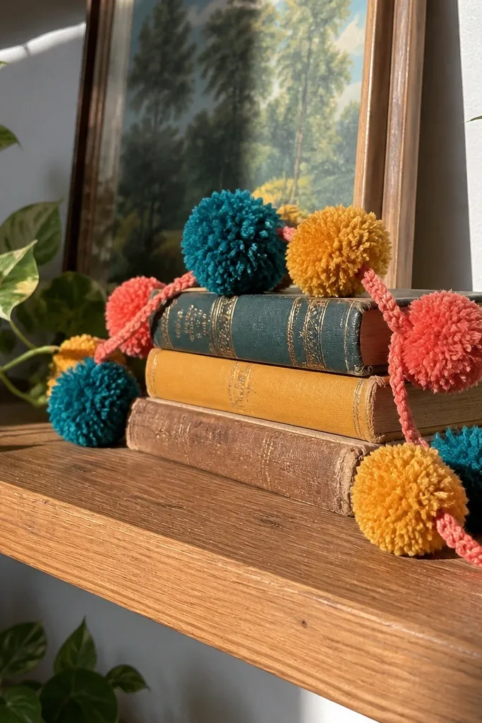 Small garland with crochet links and tiny pom poms in pastel colors