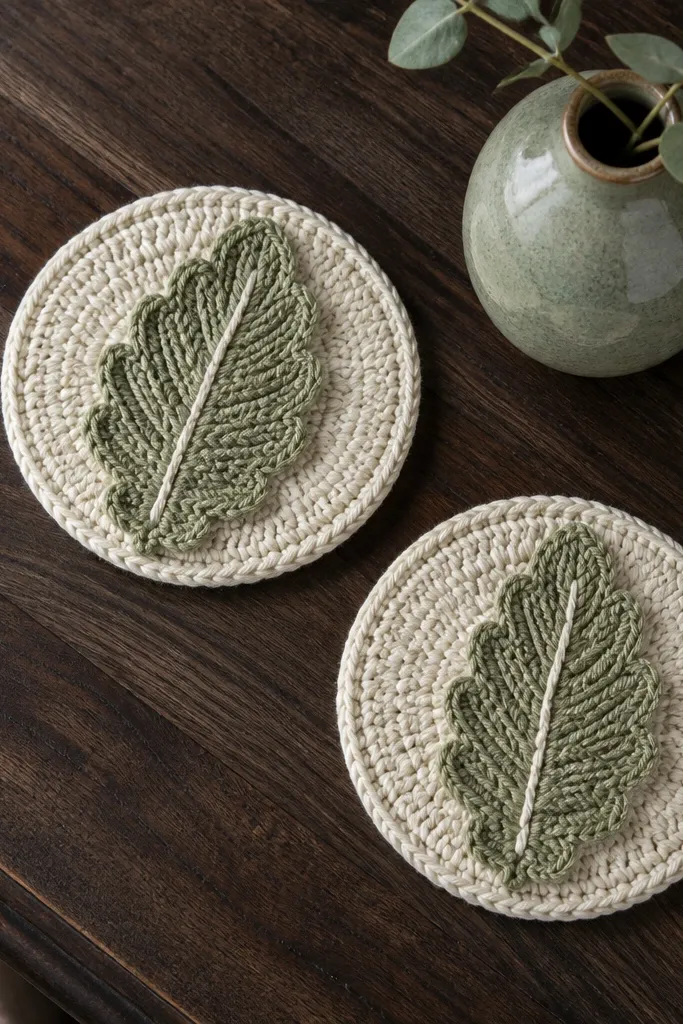 Round coaster topped with a sage green leaf appliqué