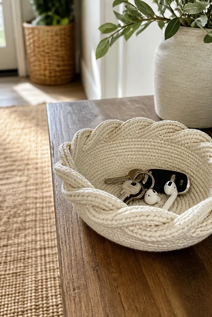 Small crochet bowl with a tight spiral stitch and neutral color