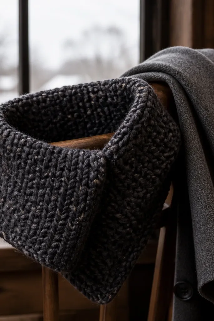 Chunky crochet cuff with a wide rectangle shape in charcoal gray