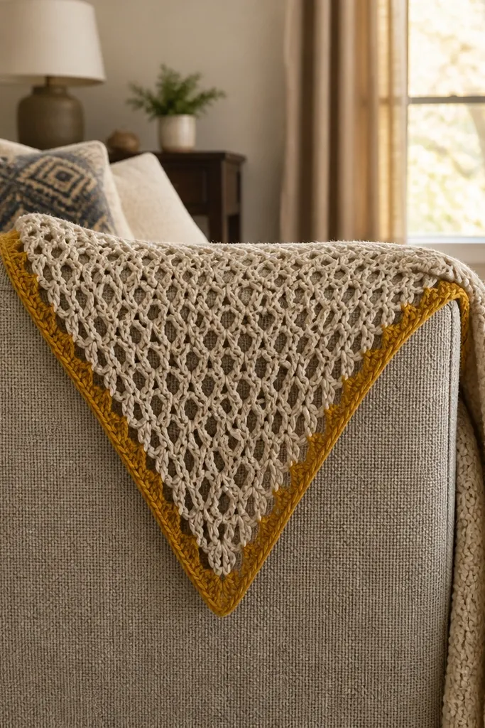 Small triangular crochet shawllet in dusty rose with an open pattern