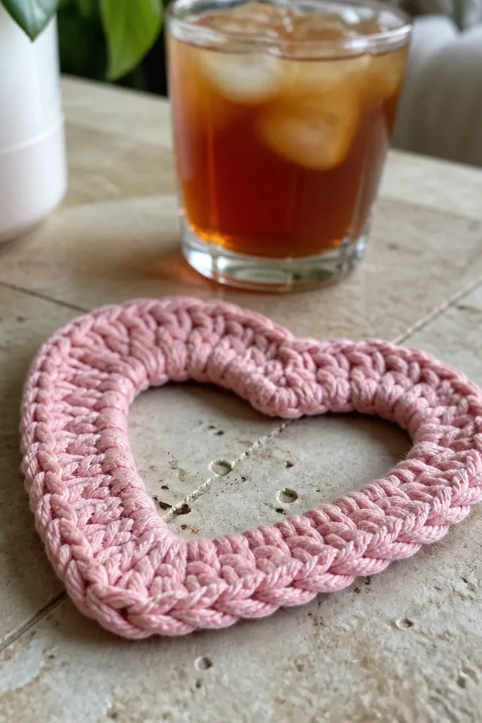 Heart-shaped crochet coaster in pink with a neat border