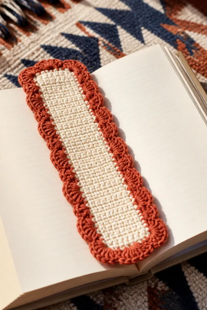 Bookmark with a shell stitch border in warm tan and rust