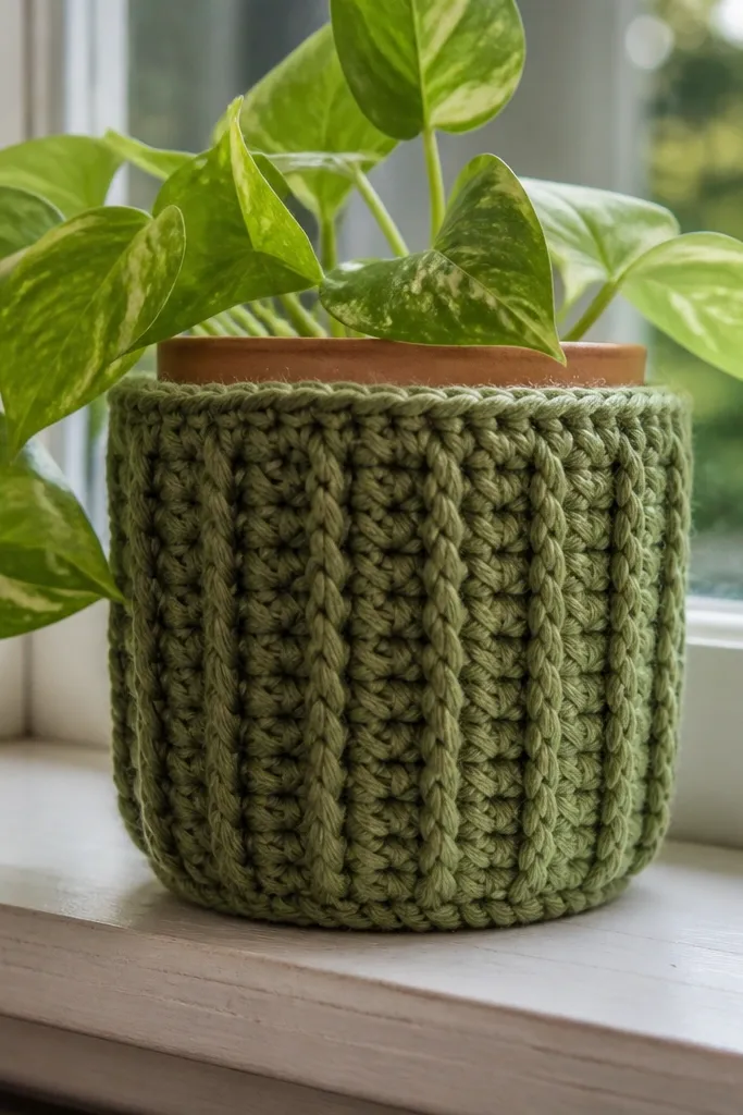 Small crochet plant pot cover with vertical ridges in olive yarn