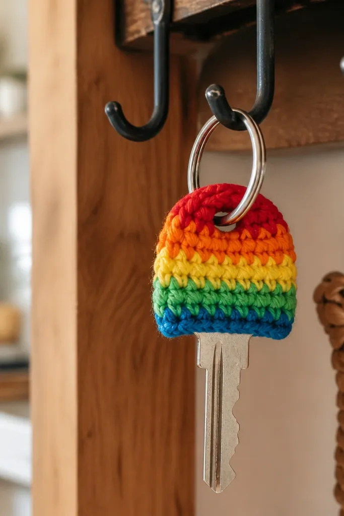 Small crochet cozy for a key with rainbow stripes and neat edge