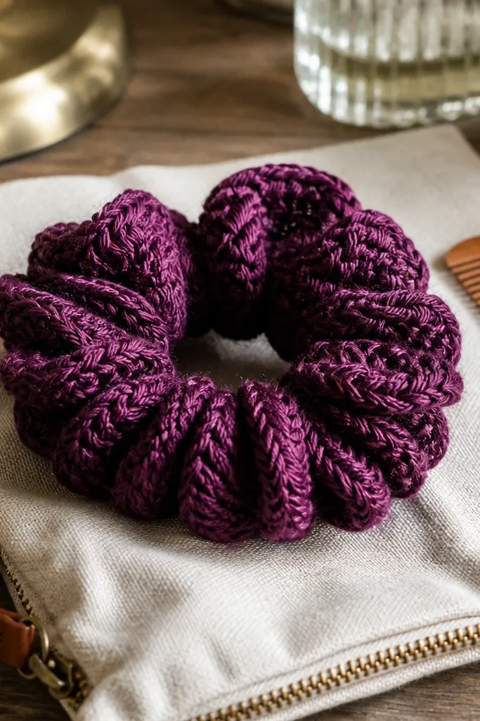 Crochet scrunchie cover with looped texture in a single color