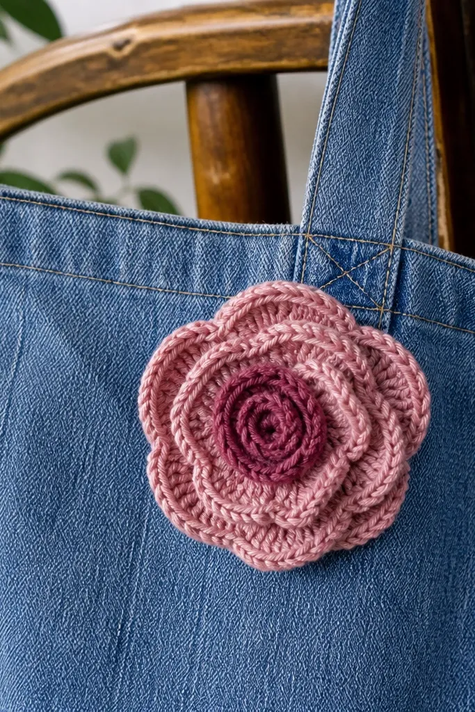 Small crochet rose pin with layered petals in cream and blush