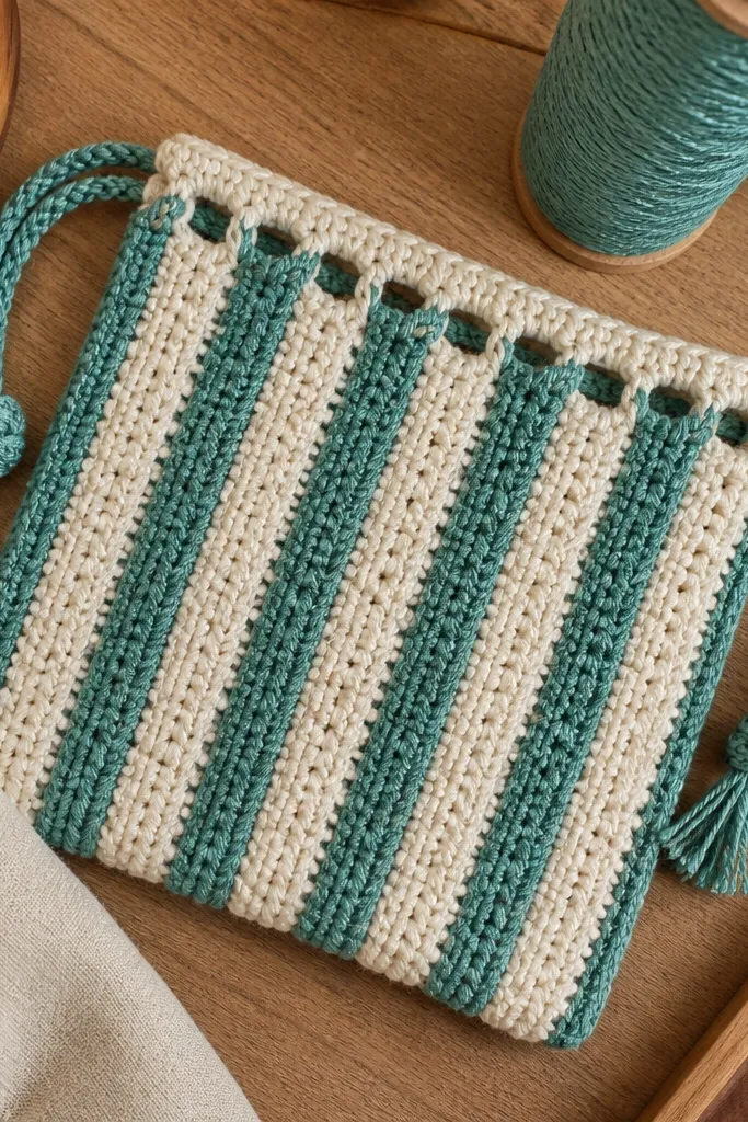 Striped crochet pouch topper with an open drawstring channel