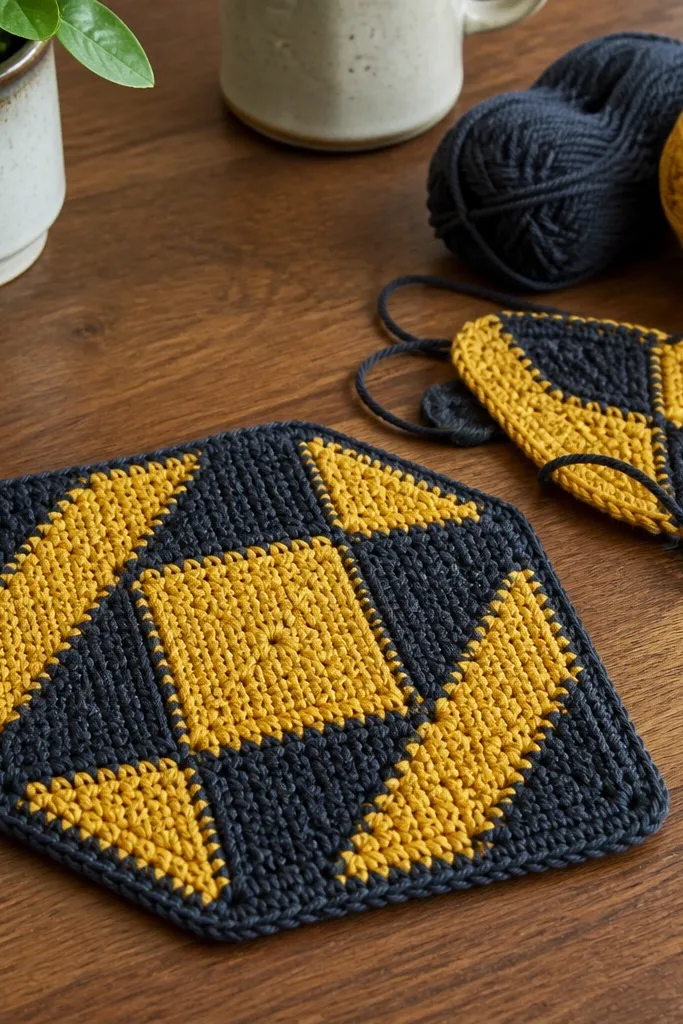 Single geometric crochet coaster with two-tone blocks in black and cream