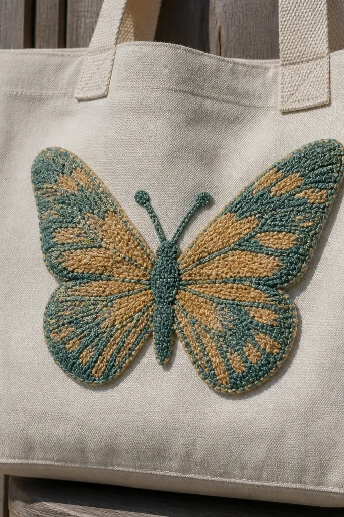 Crochet butterfly appliqué patch in two colors on a neutral background