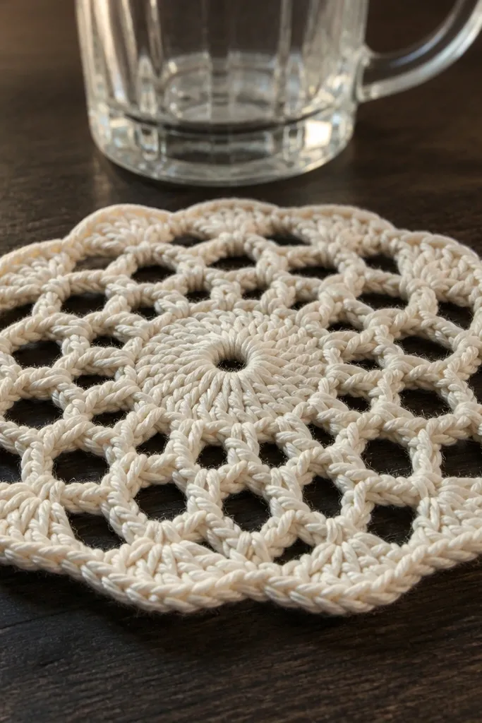 Round open crochet coaster with a lacy DC pattern in white